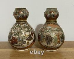 Pair Of Japanese Satsuma Double Gourd Vase Finely Painted With Children & Elders