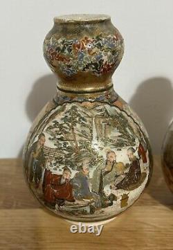 Pair Of Japanese Satsuma Double Gourd Vase Finely Painted With Children & Elders