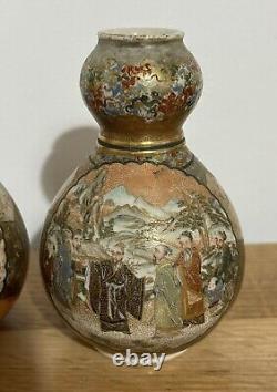 Pair Of Japanese Satsuma Double Gourd Vase Finely Painted With Children & Elders