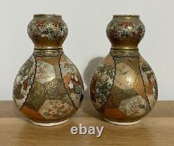 Pair Of Japanese Satsuma Double Gourd Vase Finely Painted With Children & Elders