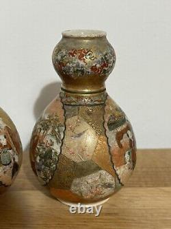 Pair Of Japanese Satsuma Double Gourd Vase Finely Painted With Children & Elders