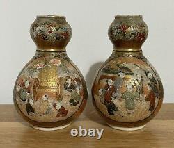 Pair Of Japanese Satsuma Double Gourd Vase Finely Painted With Children & Elders