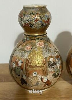 Pair Of Japanese Satsuma Double Gourd Vase Finely Painted With Children & Elders