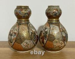 Pair Of Japanese Satsuma Double Gourd Vase Finely Painted With Children & Elders