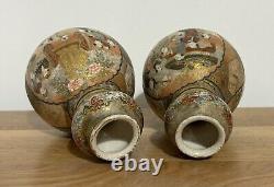 Pair Of Japanese Satsuma Double Gourd Vase Finely Painted With Children & Elders