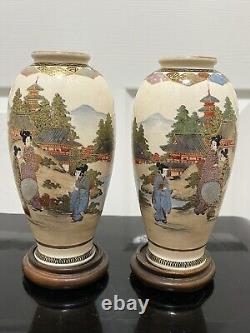 Pair Of Vintage Japanese Satsuma Vases With Wooden Stands