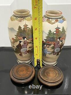 Pair Of Vintage Japanese Satsuma Vases With Wooden Stands