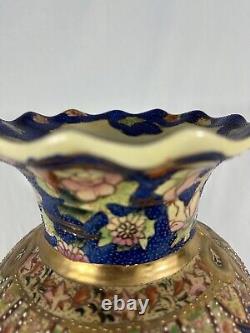 Pair Satsuma Style Vase Hand Painted Scenery-18H 8D Blue & Cream Mariage