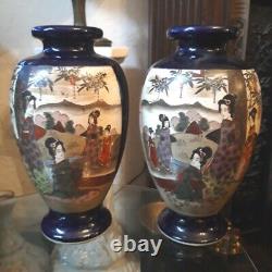 Pair Vintage Japanese Imari Satsuma Mirror Image Vases 2 Scenes Cobalt 32CM