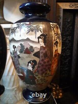 Pair Vintage Japanese Imari Satsuma Mirror Image Vases 2 Scenes Cobalt 32CM