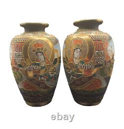 Pair of Antique Japanese Satsuma Vases-Moriage Detail, Signed Seizan