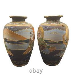 Pair of Antique Japanese Satsuma Vases-Moriage Detail, Signed Seizan