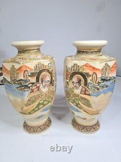 Pair of Antique Satsuma Vase Gold Moriage Signed Kusube Yaichi Tall 21.5 cm