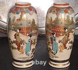 Pair of Exquisite Meiji Japanese Genzan Satsuma Hand Painted Vases -Signed