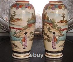 Pair of Exquisite Meiji Japanese Genzan Satsuma Hand Painted Vases -Signed