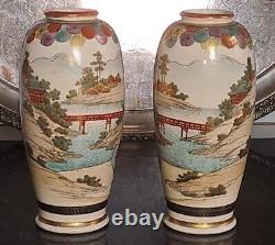 Pair of Exquisite Meiji Japanese Genzan Satsuma Hand Painted Vases -Signed