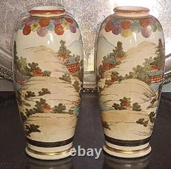 Pair of Exquisite Meiji Japanese Genzan Satsuma Hand Painted Vases -Signed