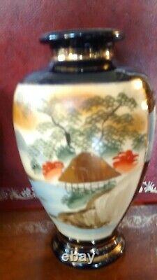 Pair of Japanese Meiji Satsuma Pottery Vases Mount Fuji, Cherry Blossom, Geisha
