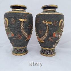 Pair of Large Japanese Satsuma Vases Moriage with Immortals & Dragon by Shinzan