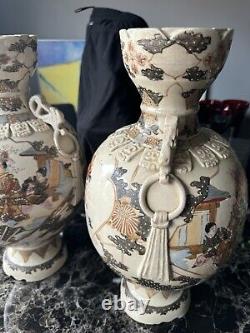 Pair of Vintage Japanese Satsuma Pottery Vases- small flaws H 16 Each