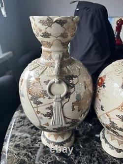 Pair of Vintage Japanese Satsuma Pottery Vases- small flaws H 16 Each