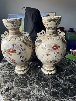 Pair of Vintage Japanese Satsuma Pottery Vases- small flaws H 16 Each