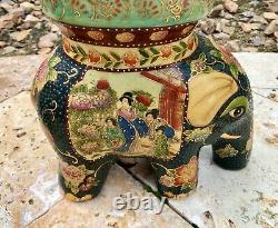 Pair of Vintage Royal Satsuma Japanese Porcelain Elephant Stool Plant Stands