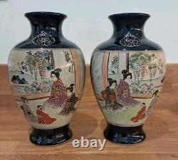 PairAntique circa 1900 Japanese Satsuma Mirrored vases Rich Colbolt Blue Marked