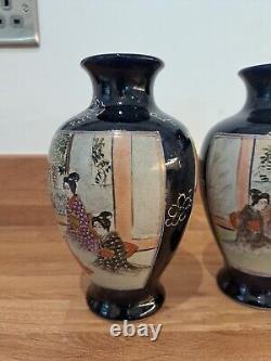 PairAntique circa 1900 Japanese Satsuma Mirrored vases Rich Colbolt Blue Marked