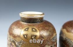 Quality Antique Pair Signed Japanese Satsuma Pottery Vases Dragon Figures Gold