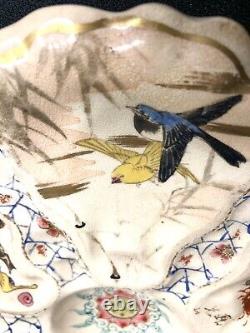 Rare Antique Japanese Satsuma Oyster Plate Hand Painted Birds, Sea Life 6 Mold