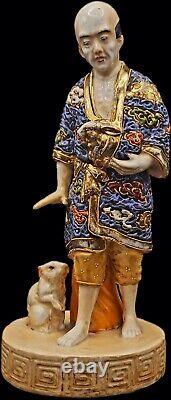 Rare Meiji Peroid Satsuma Porcelain Gilded Male Figure with Rabbits