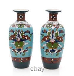 Rare Pair Antique Japanese Satsuma Pottery Cloisonne Design Vases, Meiji c1890