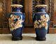 Rare Pair Of Large Blue Ground Japanese Satsuma Vases Antique Porcelain 1930s