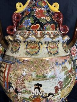 Royal Satsuma Japanese Vase Geisha Gilded Double Handles & Lid 16H 14 W