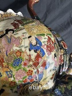 Royal Satsuma Japanese Vase Geisha Gilded Double Handles & Lid 16H 14 W