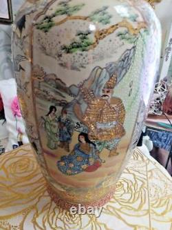 SATSUMA Large Vase 17.7in SAMURAI CRANE BIRD Japanese Antique MEIJI Era Fine Art