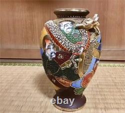 SATSUMA Vase DRAGON RELIEF BUDDHA MONK Signed Antique MEIJI Era Old Art Japanese