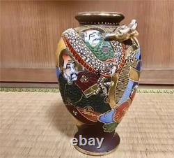 SATSUMA Vase DRAGON RELIEF BUDDHA MONK Signed Japanese Antique MEIJI Era Old Art
