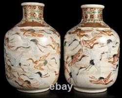 SATSUMA Ware 19TH CENTURY CRANE BIRD Vase 8.8 in Set Japanese Antique MEIJI Era