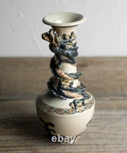 SATSUMA Ware DRAGON Relief Pottery Vase 7.4 in 19TH C MEIJI Era Japanese Antique