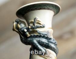SATSUMA Ware DRAGON Relief Pottery Vase 7.4 in 19TH C MEIJI Era Japanese Antique