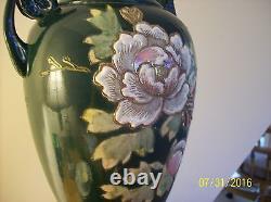 Satsuma Antique Japanese Tall Double Handled Enamel & Gold Floral Vase
