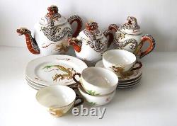 Satsuma Dragon Tea Set Of 15 Hand Painted Japanese Art Porcelain 24K Gold