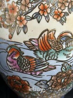 Satsuma Hand Painted Birds Gilt Handles Lidded Ginger Jar Vase Signed19thC Japan