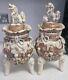 Satsuma Meiji Earthenware Lidded Vases Foo Dogs, Samurai Pair C1900s Gold Gilt