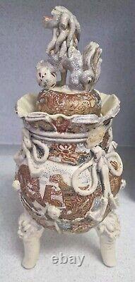 Satsuma Meiji Earthenware Lidded Vases Foo Dogs, Samurai Pair C1900s Gold Gilt