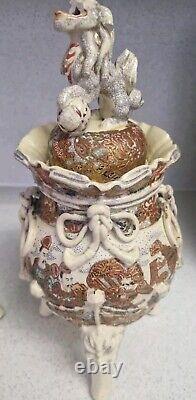 Satsuma Meiji Earthenware Lidded Vases Foo Dogs, Samurai Pair C1900s Gold Gilt