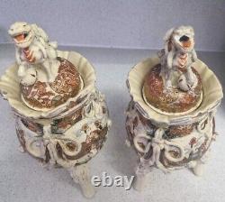 Satsuma Meiji Earthenware Lidded Vases Foo Dogs, Samurai Pair C1900s Gold Gilt