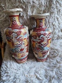 Satsuma Pair Of Vases Earthenware Pattern Enamelled Painted Samurai Flowers